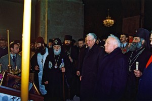 Католикос-Патриарх Грузии Илия II, Президент РФ Б.Н. Ельцин и президент Грузии Э.А. Шеварнадзе